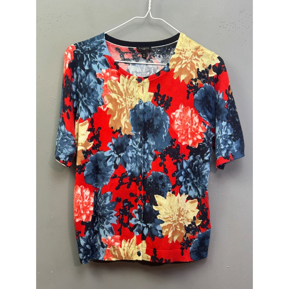 Talbots Cardigan Womens MP Red Blue Floral‎ Short Sleeve Cotton Button Up